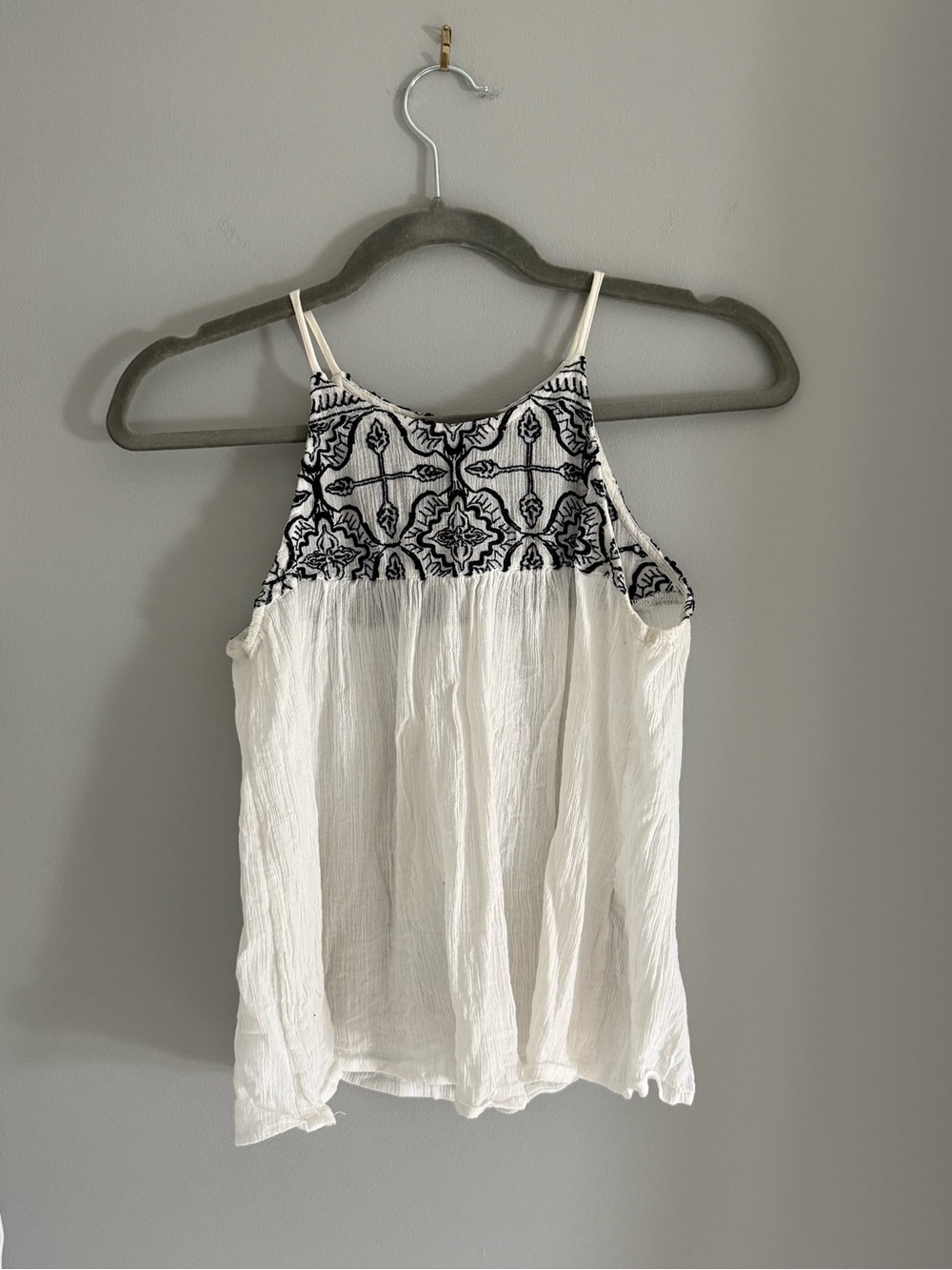 Embroidered Halter Cami Top - White with Navy Design